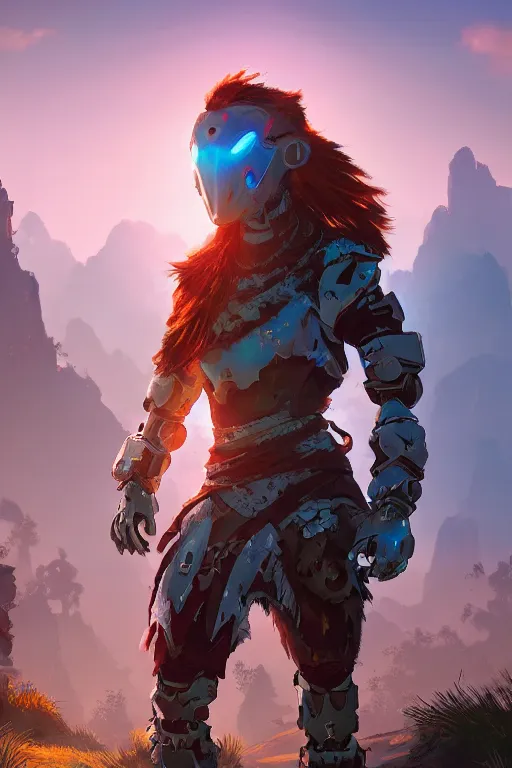 Image similar to combination suit armor aloy horizon forbidden west horizon zero dawn radiating a glowing aura global illumination ray tracing hdr fanart arstation by ian pesty and alena aenami artworks in 4 k tribal robot ninja mask helmet backpack