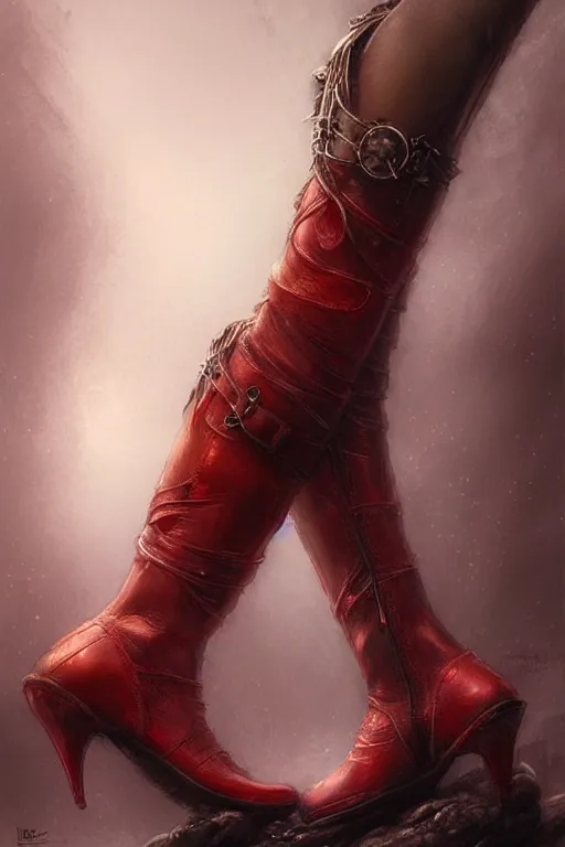 Prompt: red women's boots, shoes only, by wlop, by luis royo, by peter mohrbacher, concept art, digital illustration, intricate, masterpiece, elegant, super detailed, unreal engine rendering, smooth, sharp focus, artstation hq