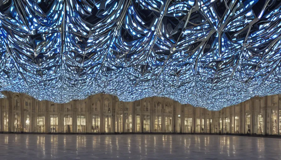 Prompt: a large building that has a lot of lights on it, a digital rendering by Zaha Hadid, featured on shutterstock, art nouveau, hall of mirrors, glowing lights, constructivism