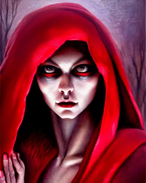 Image similar to hyperrealistic mixed media painting of beautiful little Red Riding Hood, pale smooth skin, full body, crimson red hooded robes, shadowy wolf in background, stunning 3d render inspired art by P. Craig Russell and Barry Windsor-Smith + perfect facial symmetry + dim volumetric lighting, 8k octane beautifully detailed render, post-processing, extremely hyperdetailed, intricate, epic composition, grim yet sparkling atmosphere, cinematic lighting + masterpiece, trending on artstation, very very detailed, masterpiece, stunning