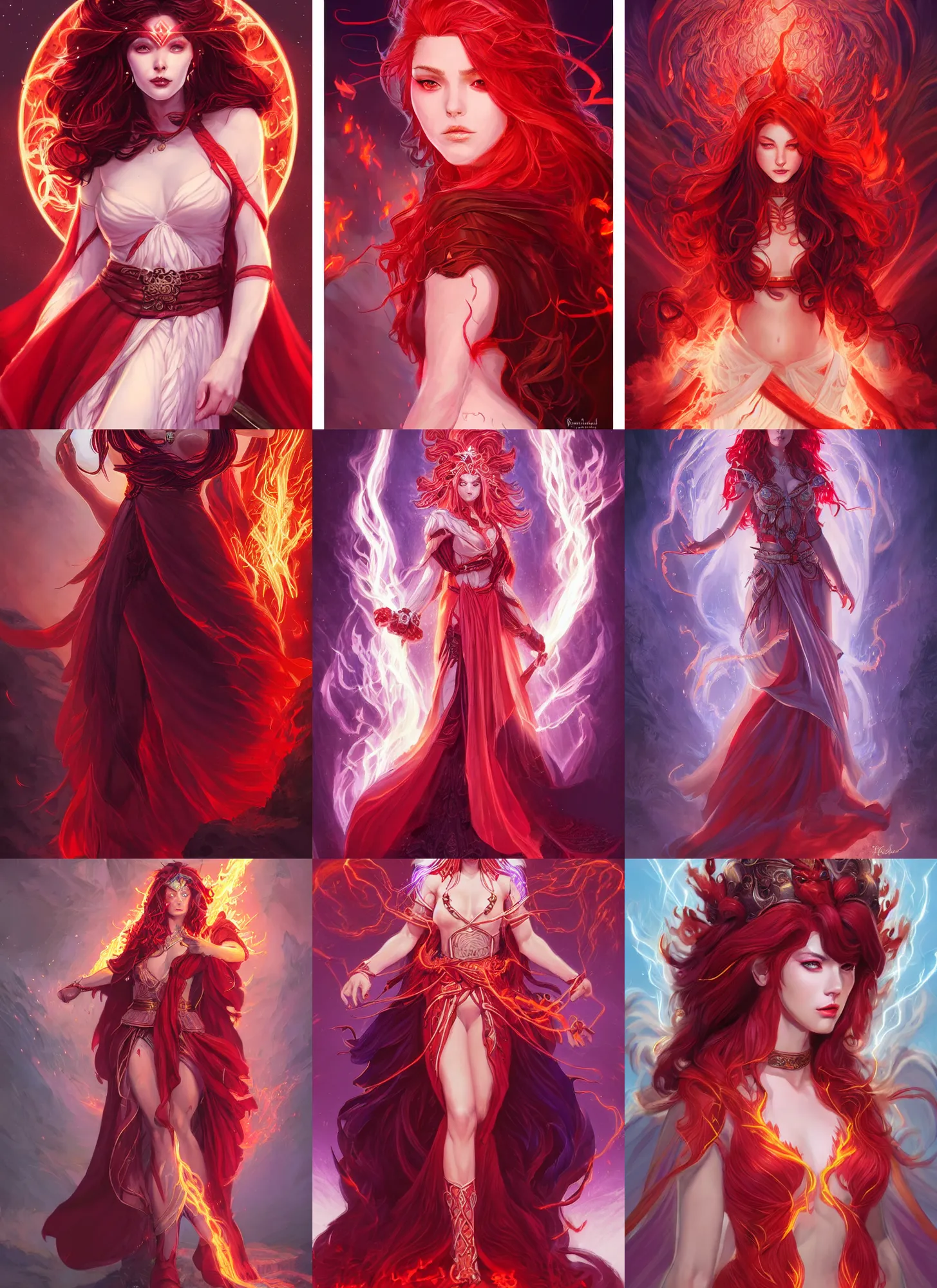 Prompt: full body portrait of the goddess of fire and thunder, robes, red and white, beautiful, violet hair, glowing eyes, stunning, high fantasy, extremely detailed, smooth, sharp focus, digital illustration, by rossdraws, frank fanzzeta, sakimichan