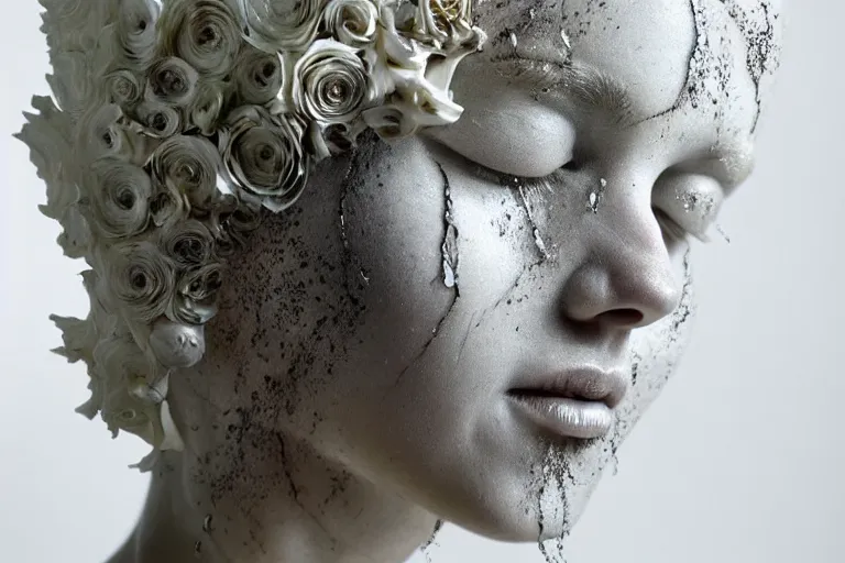 Prompt: a sculpture of a stunningly beautiful woman with flowing tears, fractal flowers on the skin, intricate, a marble sculpture by nicola samori, behance, neo - expressionism, marble sculpture, made of mist, still frame from the prometheus movie by ridley scott with cinematogrophy of christopher doyle, arri alexa, 8 k