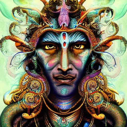 Prompt: An extremely psychedelic portrait of Shiva, surreal, LSD, face, detailed, intricate, elegant, lithe, highly detailed, digital painting, artstation, concept art, smooth, sharp focus, illustration