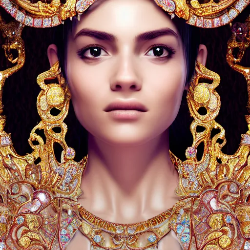 Image similar to portrait of pretty princess with perfect skin, glowing, ornate and intricate diamond jewelry, jaw dropping beauty, ornate and intricate backdrop, white accent lighting, hyper detailed, 4 k octane render