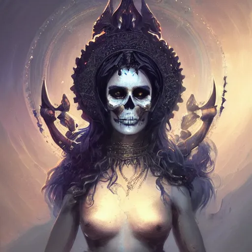 Prompt: a beautiful portrait of skull goddess by greg rutkowski and raymond swanland, dar ; k background, trending on artstation