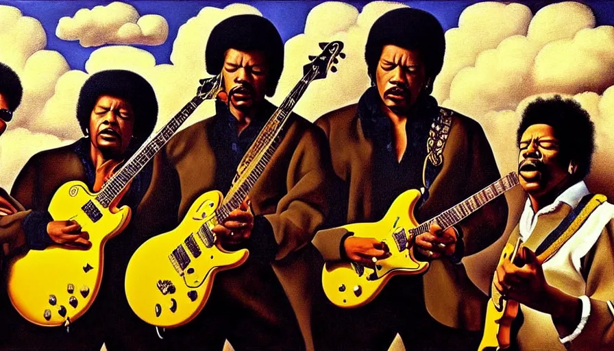 Image similar to photorealistic painting of tim maia, jimi hendrix and b. b king, with very highly detailed face, jamming with electric guitars, sitting on fluffy clouds. realism, beautiful, dramatic by grant wood, johannes vermeer and leonardo da vinci