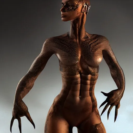 Image similar to snake human hybrid, chest up human lower half snake. full body shot, long slender body, snake tail for leg, black scales, bright amber eyes, chest covered in scales, scales on her chest, formless brests, flat chest, smileing nright, cinematographic shot, artstation, haahn trinh, naga