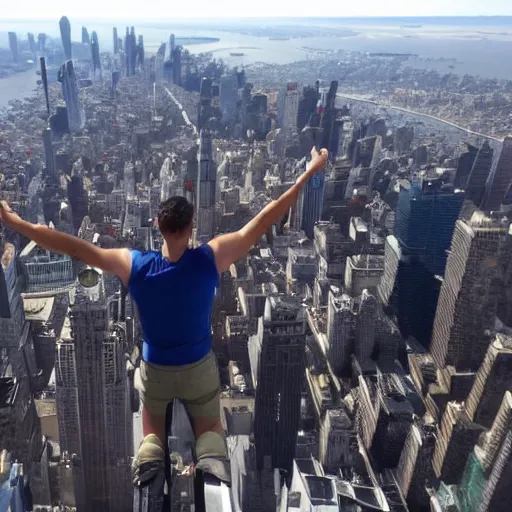 Image similar to marvel spider - from back hands on waist standing on top of the empire state building