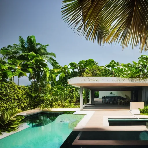 Prompt: A tropical modern villa in Goa, photograph by Harry Gruyaert, shot on large format film camera, natural light, trending on VSCO, 8K, super-resolution