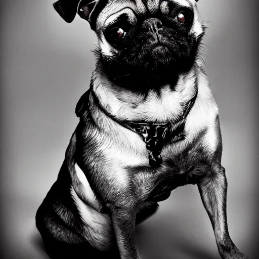 Prompt: pug dog with an emo haircut on a record cover, intricate detail, high contrast, studio photo, well lit,