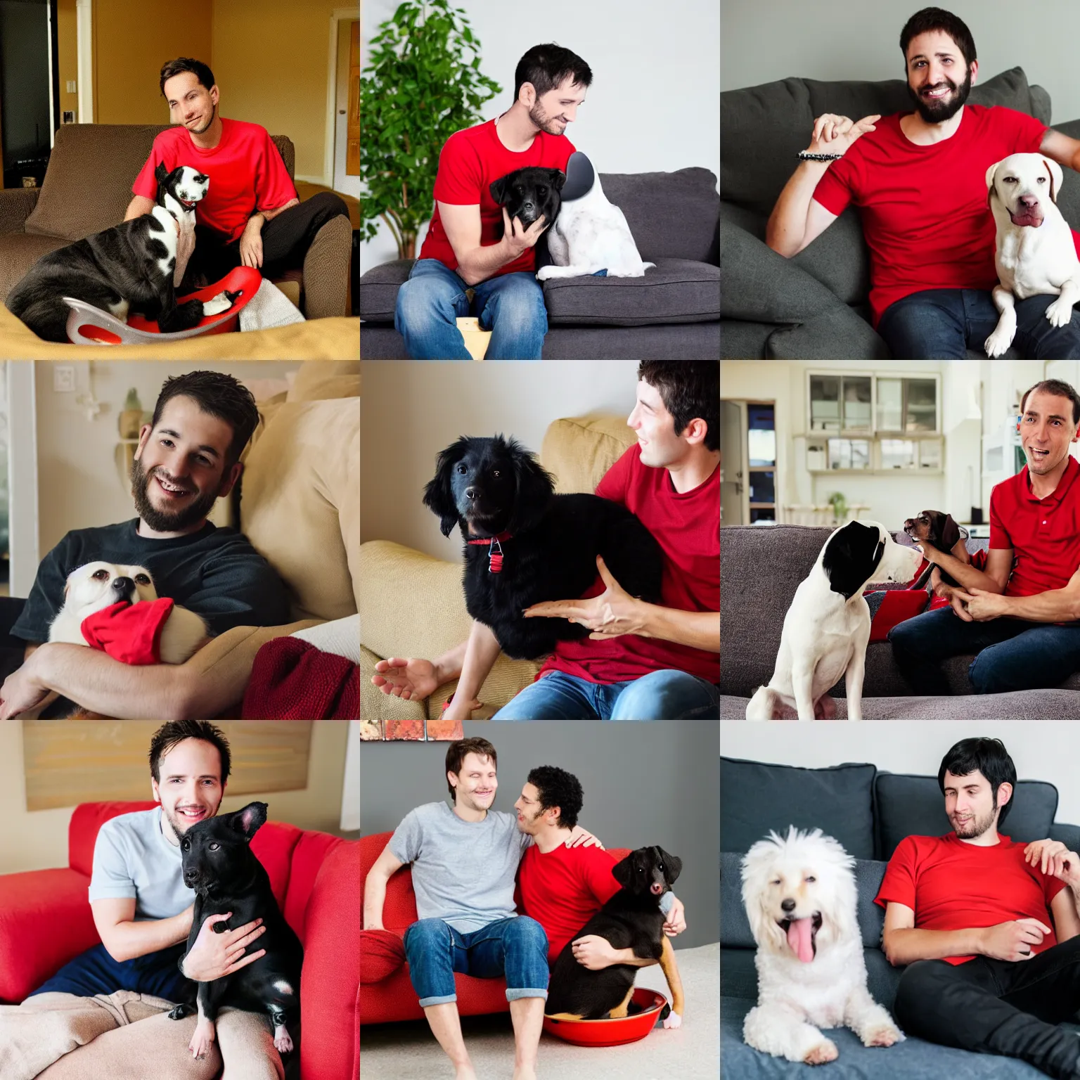 Prompt: A 30 year old skinny man with short black hair and a red shirt sits on a couch with next to him a bobtail dog in a basket