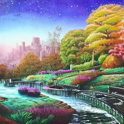 Image similar to Beautiful city of the future in harmony with nature. Nice colour scheme, soft warm colour. Beautiful detailed painting by Lurid. (2022)