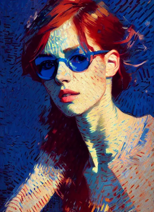 Image similar to portrait of a beautiful girl, redhead, shades of blue, beautiful face, rule of thirds, intricate outfit, spotlight, by greg rutkowski, by jeremy mann, by francoise nielly, by van gogh, digital painting