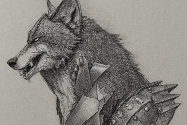 Image similar to a pencil drawing of a wolf, full body, D&D, armor, made by by Pen Tacula