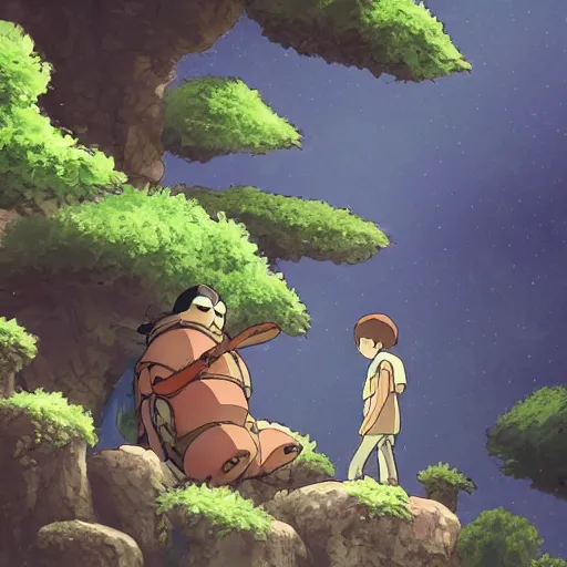 Image similar to friendly guy and small creature , with Fragile looking character portrait face made in Studio Ghibli artstyle ,highly detailed art, beautiful scene, sharp focus, smooth, 8k, anime art, fantasy, style in ghibli anime style, fantasy, island, forest, ghibli animal in 8k