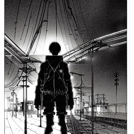 Image similar to a lonely night at the station, by Tsutomu Nihei, highly detailed