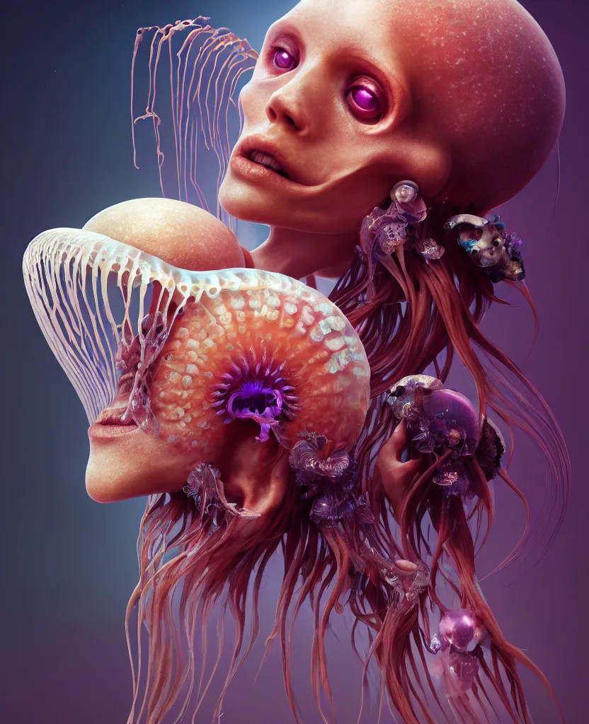 Image similar to goddess close - up portrait human skeleton, ram skull, jellyfish, orchid, betta fish, bioluminiscent, intricate artwork by tooth wu and wlop and beeple. octane render, trending on artstation, greg rutkowski very coherent symmetrical artwork. cinematic, hyper realism, high detail, octane render, 8 k