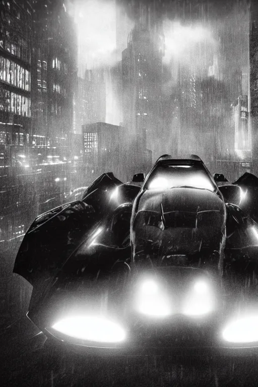 Image similar to the batmobile driving through gotham city at night. fluorescent light. pov from behind the wheel. octane render. 8 k. monochrome. black and white. mist. atmospheric. cinematic. imagined by laurie greasley.