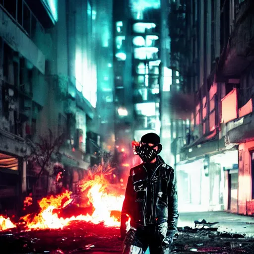 Image similar to post apocalyptic city, revolutionary punk masked up punk, fire, damaged, trash, full shot, by liam wong