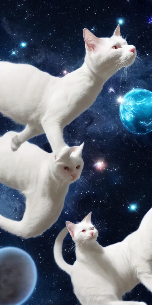 Prompt: white cats floating in space. andromeda in the background, 4k, high quality photo