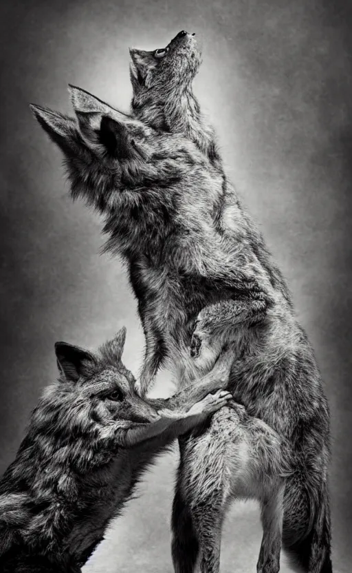 Prompt: award winning editorial photo of a zak bagans petting a wild coyote by edward sherriff curtis and lee jeffries, 8 5 mm nd 5, perfect lighting, gelatin silver process