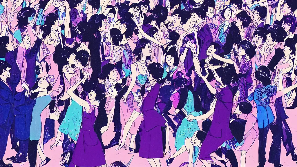 Image similar to detailed illustration of the front row of a concert seen from the front composed of fashionably dressed people dancing, dark blue and intense purple color palette, in the style of kojima ayami, amano yoshitaka