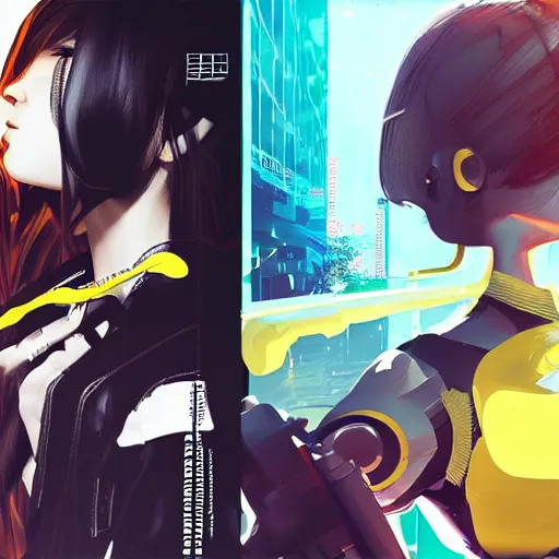 Image similar to Frequency indie album cover, luxury advertisement, white and yellow colors. highly detailed post-cyberpunk sci-fi close-up cyborg detective girl in asian city in style of cytus and deemo, mysterious vibes, by Ilya Kuvshinov, by Greg Tocchini, nier:automata, set in half-life 2, beautiful with eerie vibes, very inspirational, very stylish, with gradients, surrealistic, dystopia, postapocalyptic vibes, depth of filed, mist, rich cinematic atmosphere, perfect digital art, mystical journey in strange world, beautiful dramatic dark moody tones and studio lighting, shadows, bastion game, arthouse