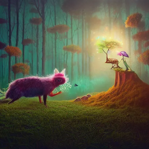 Prompt: surreal hybrid animals, nostalgia for a fairytale, magic realism, flowerpunk, mysterious vivid colors by andy kehoe and amanda clarke en un mundo de Gediminas Pranckevicius, hyper realism, octane render, 8k