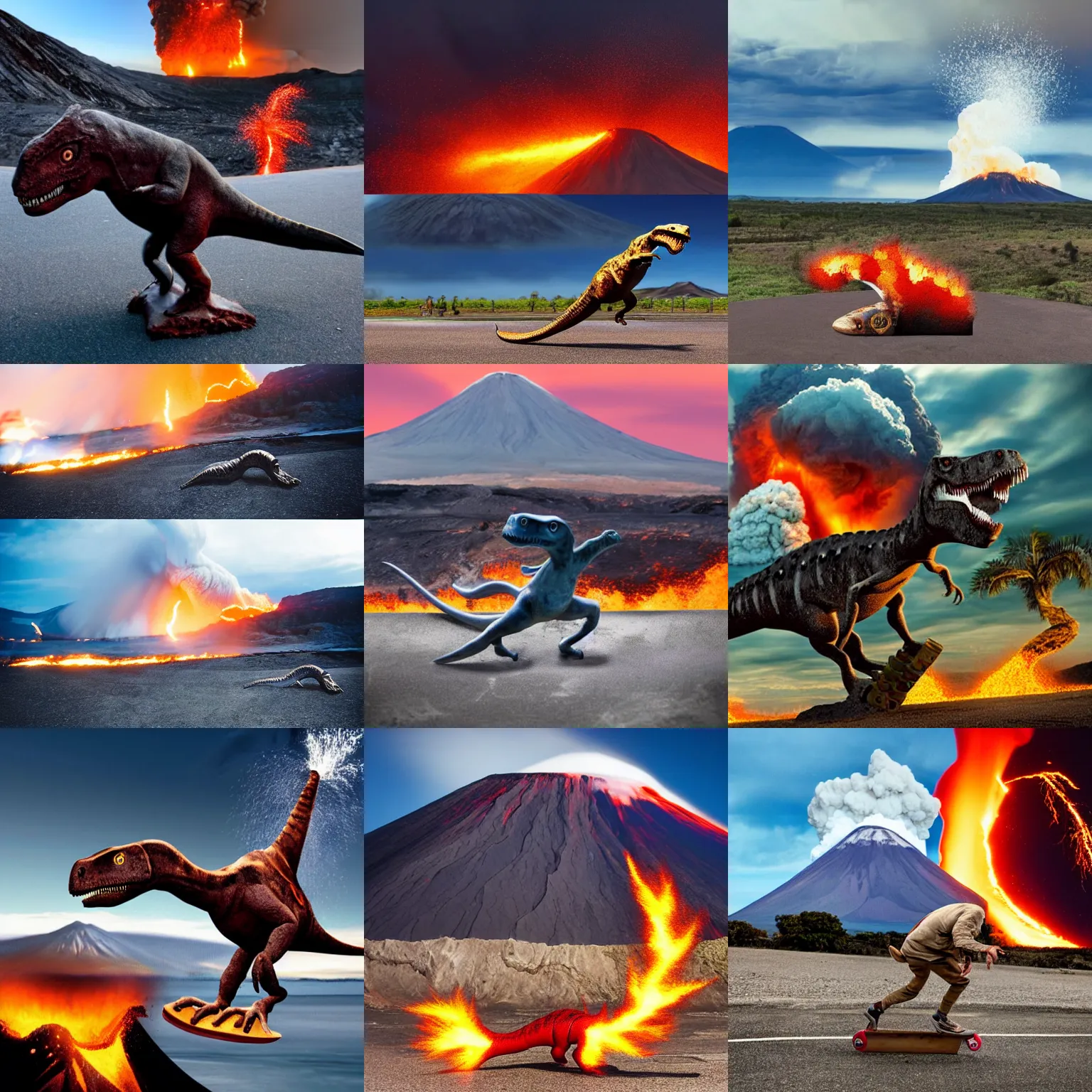 Prompt: fossil dinosaur skateboarding while a volcano explodes in the background, photography