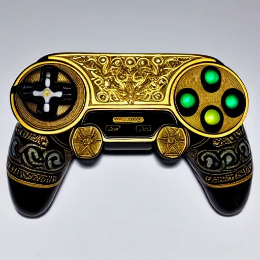 Prompt: the sega saturn bible ornamental intricate gilded with controllers