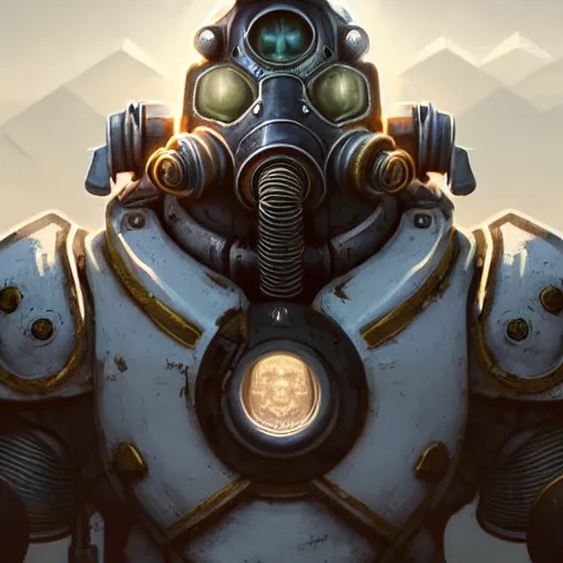 Image similar to perfectly - centered!! looking at the camera!!! low - angle!! portrait of fallout brotherhood in white power armor with cowboy hat, intricate artwork, by tooth wu, wlop, beeple, dan mumford. concept art, octane render, deviantart, greg rutkowski, cinematic arthouse, key art, hyper realism, iridescent accents