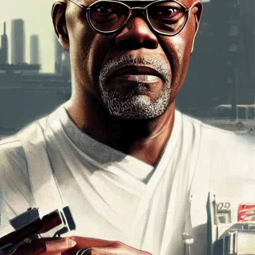 Prompt: Samuel L. Jackson as a loading screen in grand theft auto 5, intricate, highly detailed, digital painting, artstation, concept art, sharp focus, illustration, art by greg rutkowski and alphonse mucha