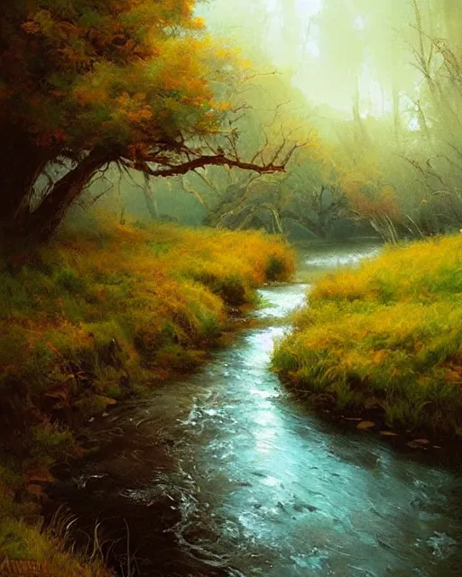 Prompt: professional ominous impressionist painting of a winding river by artgerm and greg rutkowski. an intricate, elegant, impressionist painting