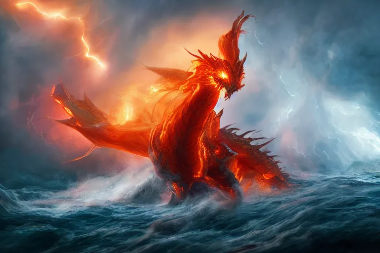 Image similar to fire dragon with lightnings and smoke is fighting against giant water monster with huge waves, dramatic fire lighting, CGsociety, full length, exquisite detail, post-processing, masterpiece, volumetric lighting, cinematic, hypermaximalistic, high details, cinematic, 8k resolution, beautiful detailed, insanely intricate details, sharp edges, smooth focus, low angle, tilted