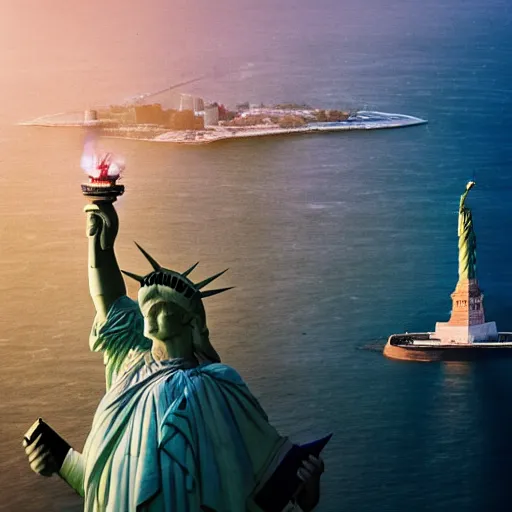 Image similar to disaster photography, of giant zeppelin hitting the statue of liberty, full color, explosion, 8k, hd, high resolution