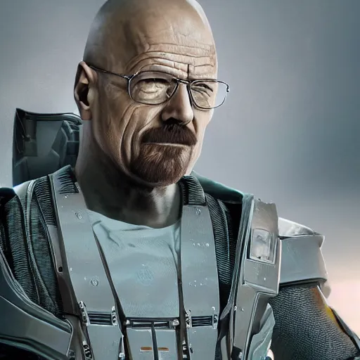 Image similar to Walter White in cybernetic battle armour, 4k octane render, highly detailed