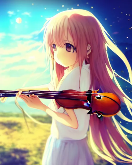 Prompt: anime style, chibi, full body, a cute girl with white skin and golden long wavy hair holding a violin and playing a song, heavenly, stunning, filters applied, lunar time, trending art, sharp focus, centered, landscape shot, happy, fleeting dream, simple background, studio ghibly makoto shinkai yuji yamaguchi, by wlop