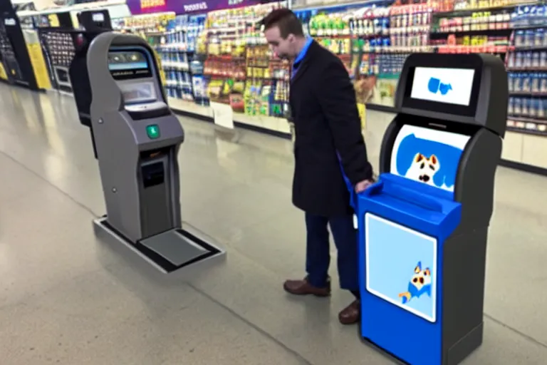 Prompt: huckleberry hound trying to use a self checkout with cash