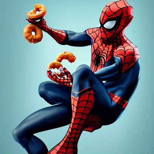 Image similar to spider - man sit on the raccoon and eating donuts, concept art, trending on artstation, highly detailed, intricate, sharp focus, digital art, 8 k