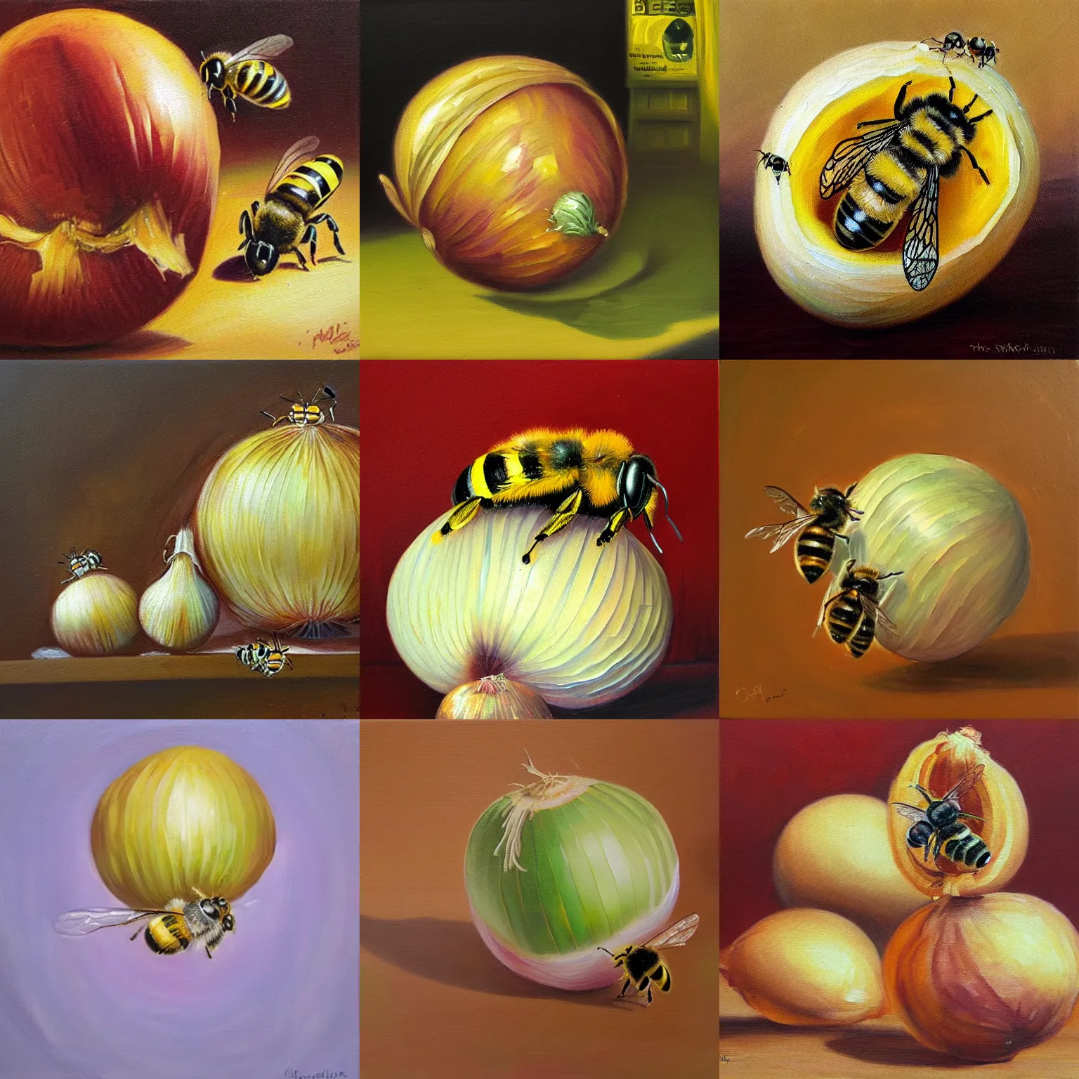 Prompt: bees trapped within the onion, oil painting