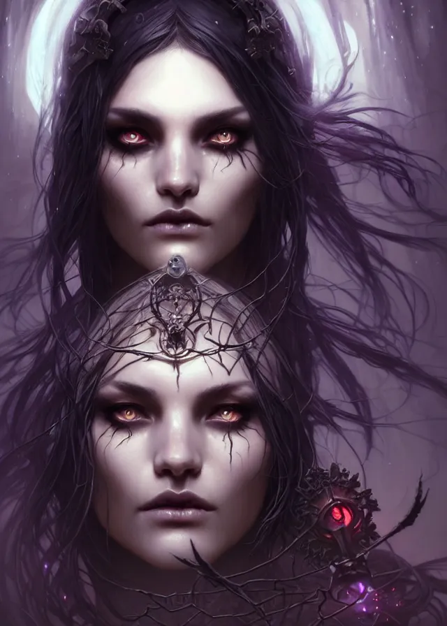 Image similar to Necromancer Sorceress face close-up macro in center, fantasy magic, undercut hairstyle, dark light night, intricate, elegant, sharp focus, illustration, highly detailed, digital painting, concept art, matte, art by WLOP and Artgerm and Greg Rutkowski and Alphonse Mucha, masterpiece