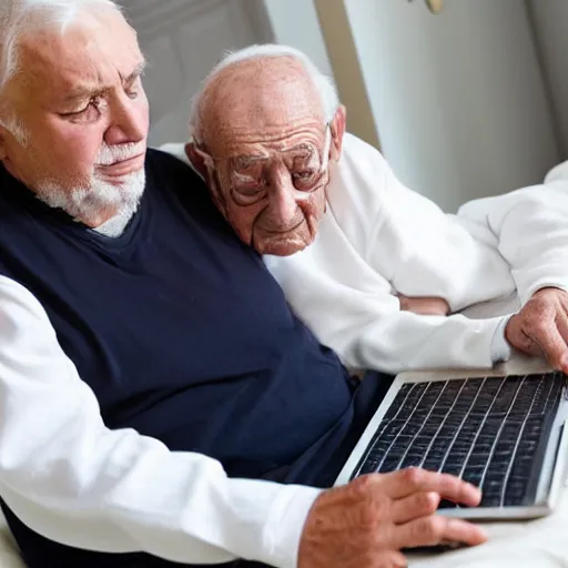 Image similar to coffin with elderly man who is browsing internet on laptop