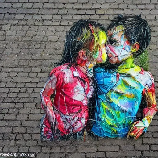 Image similar to a street art of thread knot connecting brother and sister by artur bordalo