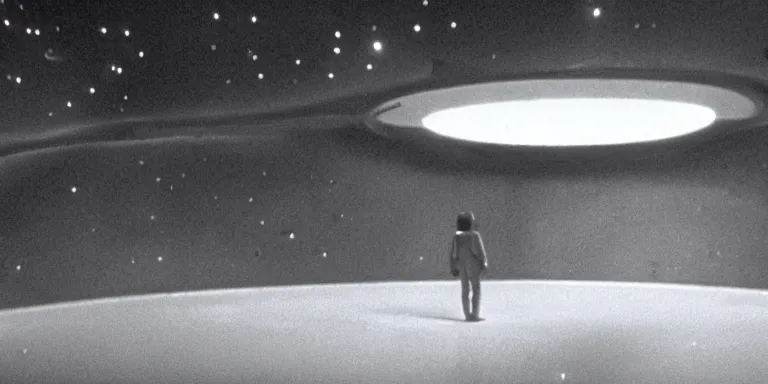 Prompt: photorealistic wide shot black and white twilight zone style cinematography of a douglas trumbull designed spaceship in a twilight zone episode that takes place in in outter space, shot on film by the shining cinematographer john alcott on a cooke panchro 1 8 mm lens.