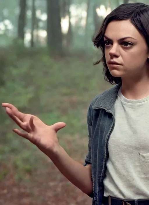 Prompt: Mila Kunis with a buzzcut cast as Eleven, still from Stranger Things, She uses the force with her palm extended outwards, hyperrealistic, 8k, Octane Render,