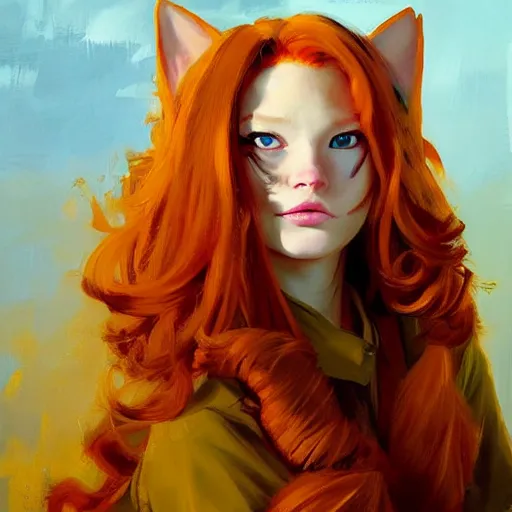 Image similar to greg manchess portrait painting of ginger girl!!! long curly hair!! black eyes!! evil, sad! with a ginger cat as overwatch character, medium shot, asymmetrical, profile picture, organic painting, sunny day, matte painting, bold shapes, hard edges, street art, trending on artstation, by huang guangjian and gil elvgren and sachin teng