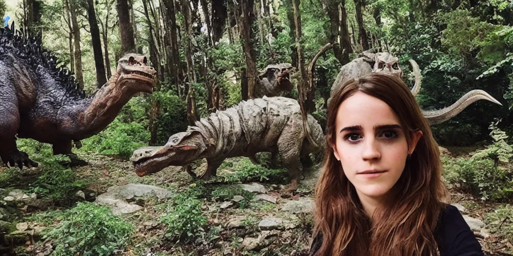 Image similar to photo, hairy fat cave people, emma!! watson!!, looking at camera, surrounded by dinosaurs!, gigantic forest trees, sitting on rocks, bright moon, birthday cake on the ground, front close - up view of her face, selfie, jelly! monster!