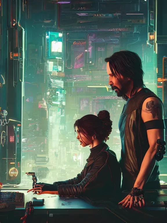 Prompt: a cyberpunk 2077 couple portrait of Keanu Reeves and V ,love story , lots of electric cable behind them connected to giant computer,film lighting,by laurie greasley,Lawrence Alma-Tadema,William Morris,Dan Mumford,trending on atrstation,FAN ART,full of color,Digital painting,highly detailed,8K, octane,golden ratio,cinematic lighting
