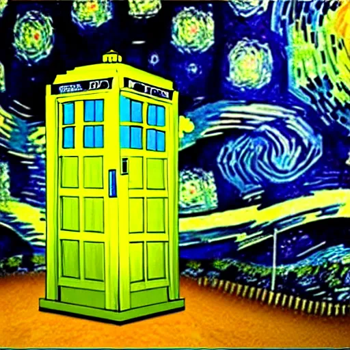 Prompt: an explosing tardis painted by van gogh