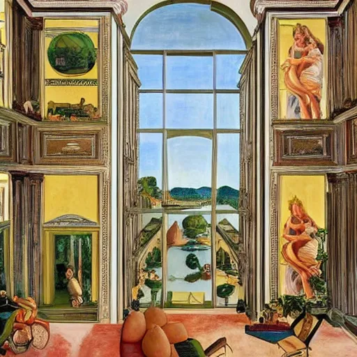 Prompt: giant mansion room 4 stories tall with balconies and windows, walls filled with modern art paintings, doors that are cosmic portals, painting by Botticelli